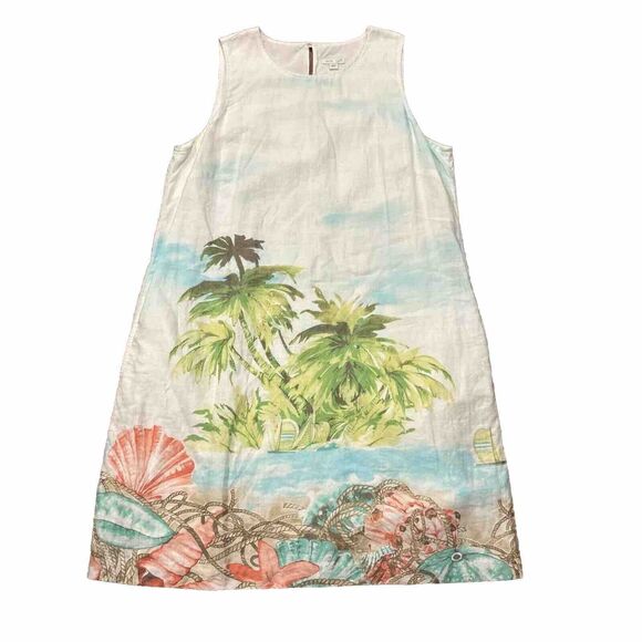J. Jill Love Linen Dress Womens Large Palm Tree Sleeveless Pockets Tropical - Picture 3 of 8